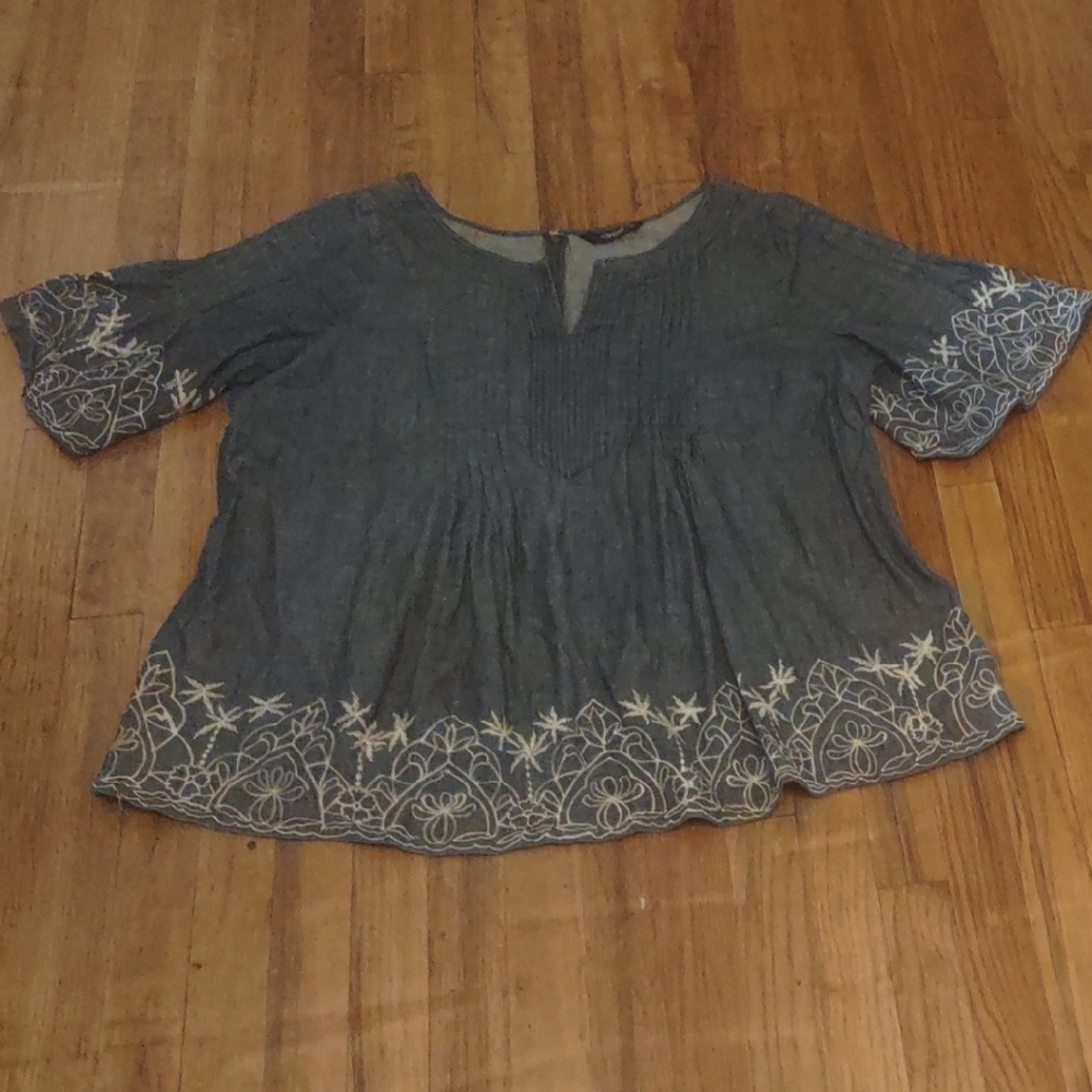 eShakti Blue Embroidered Blouse with Flared Sleeves - Size 16W
